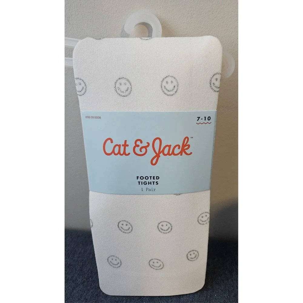 Cat & Jack Footed Tights 1 Pair 7-10 Patterned With Smiley Faces